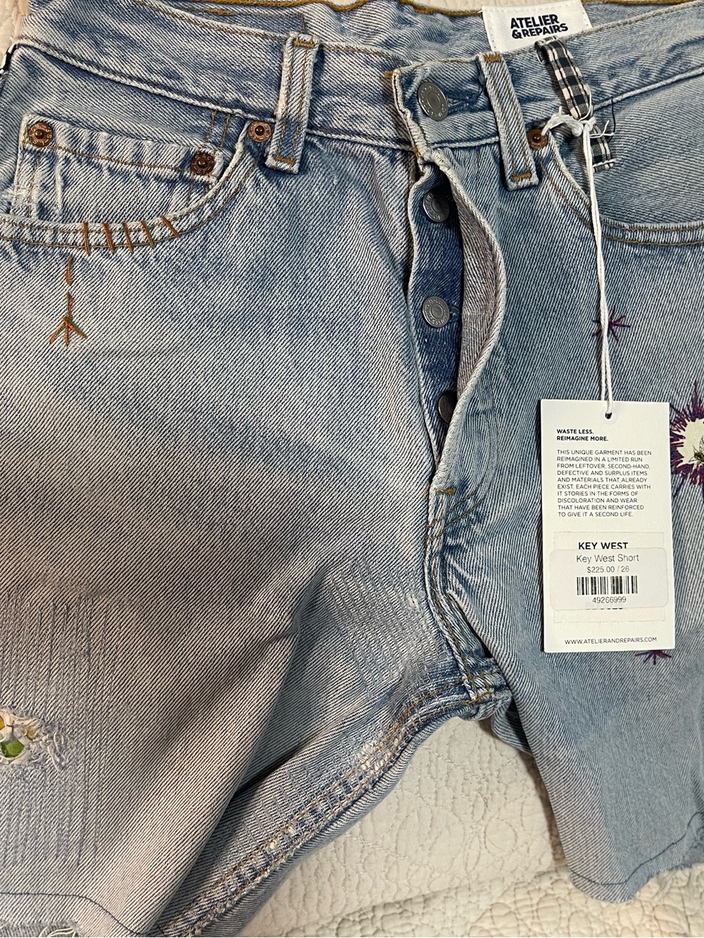 Atelier & Repairs Key West Light Blue Embroidered Denim Shorts